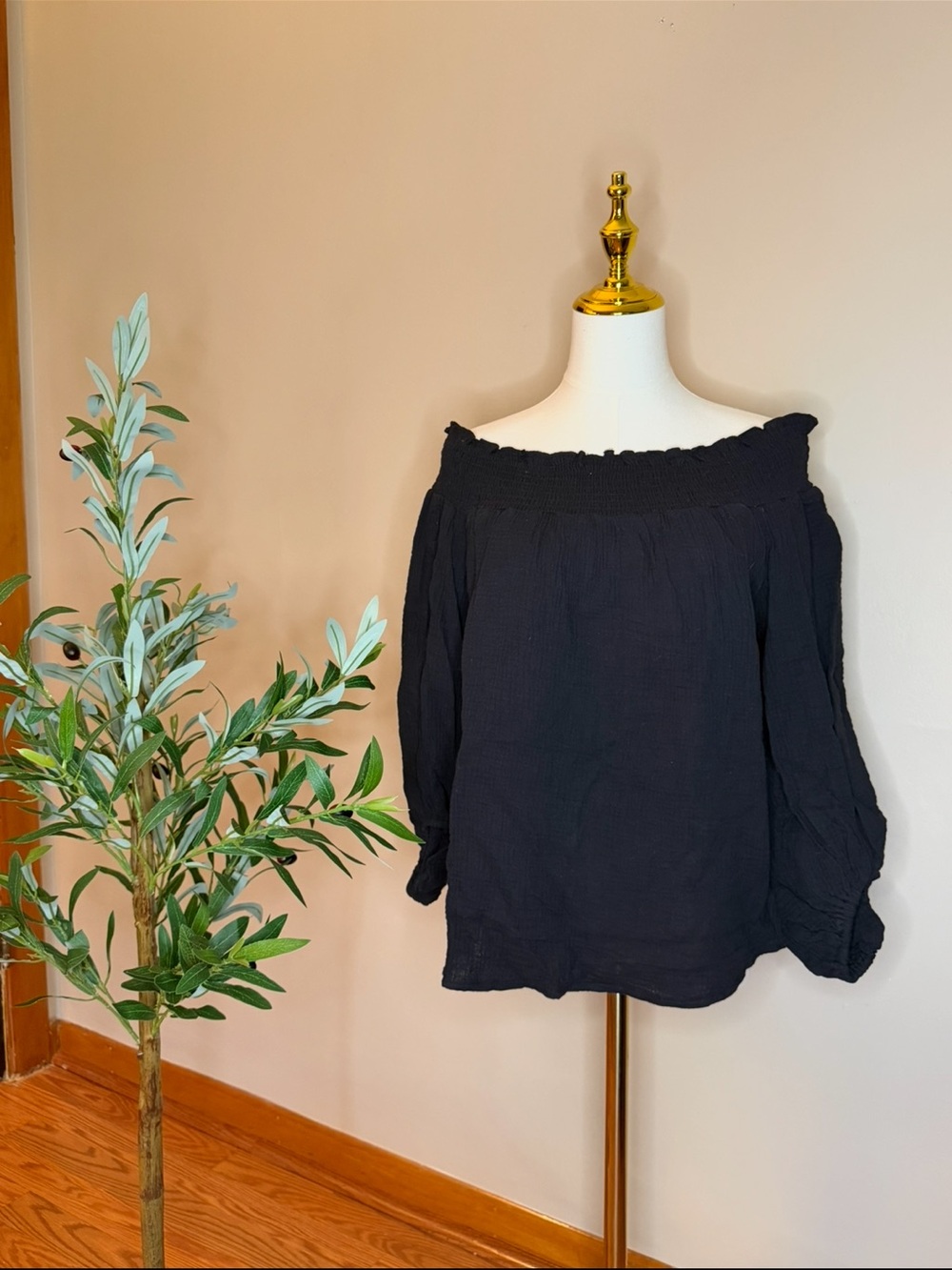 490. Magnolia Boutique Off-Shoulder Black Smocked-Neck Blouse - Women Tops - Picture 3 of 4